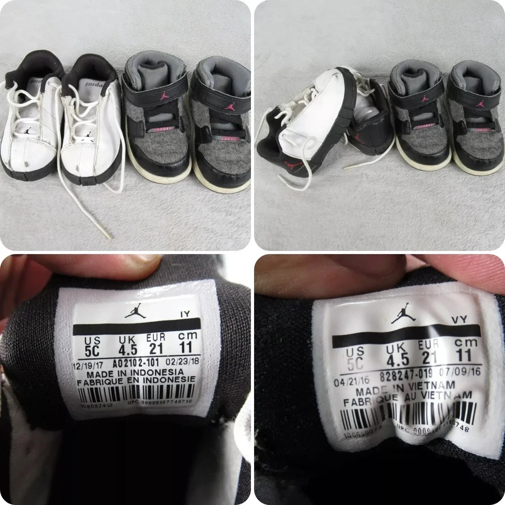 2 Pairs Jordan Sneakers Kids 5C White Gray Flight 4 TE 2 Low Basketball‎ Low Top